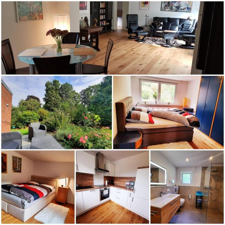 a collage of pictures of a living room at Modern apartment Selm Cappenberg in Selm