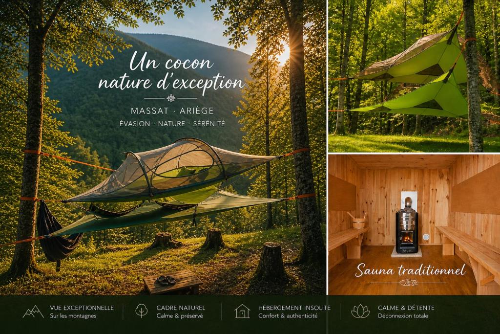 a collage of pictures with a tent in a forest at D'Tente Sky lodge Tente suspendue sous les étoiles vue nature in Massat