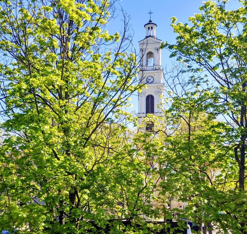 a clock tower on top of a building with trees at Bazylika hostel in Warsaw
