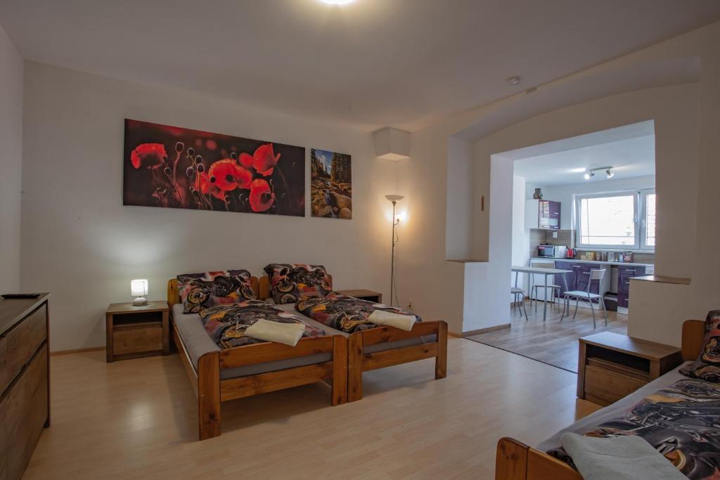 a living room with a bed and a couch in a room at U Moto Makovic in Horažďovice