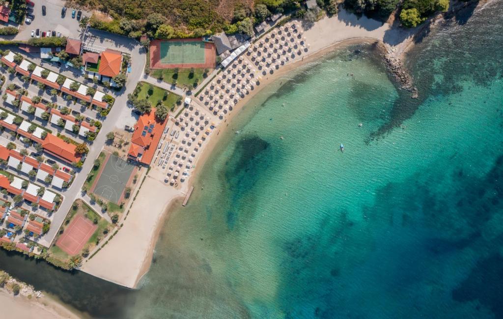 an aerial view of a beach and the ocean at Camping Castello in Neos Marmaras