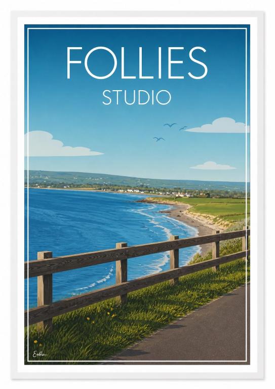 a poster of a beach with the words palms studio at Follies Garden Studio in Dungarvan