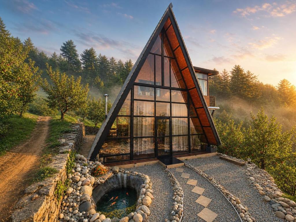 a glass house with a pond in the middle at APine Cottages - Two Bedroom, One Luxury Getaway in Nārkanda