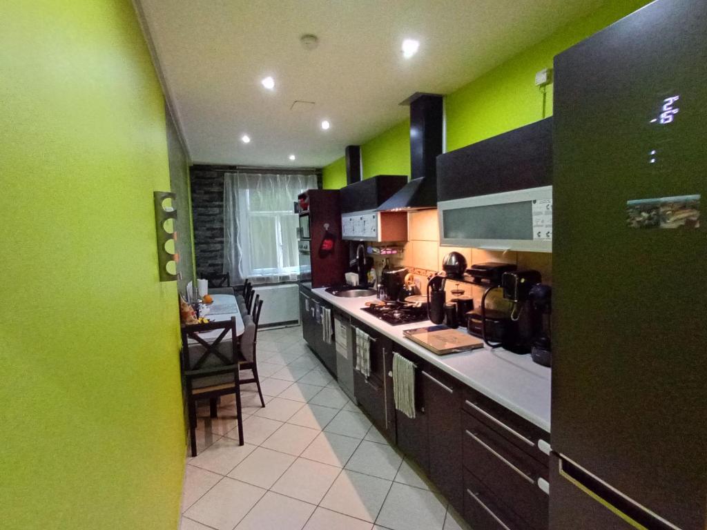 a kitchen with green walls and a table in it at APARTAMENT VENGE -CAŁE MIESZKANIE 46m2 NA WYŁĄCZNOŚĆ - Z JEDNĄ SYPIALNIĄ I JEDNYM SYPIALNO-SALONEM -3 PIĘTRO BEZ WINDY- REZERWACJA BEZ KARTY KREDYTOWEJ-KLIMATYZACJA-KINO DOMOWE-PROJEKTOR-100"-NETFLIX-BEZPŁATNY PARKING PUBLICZNY NA MONITOROWANYM PODWÓRZU in Wrocław