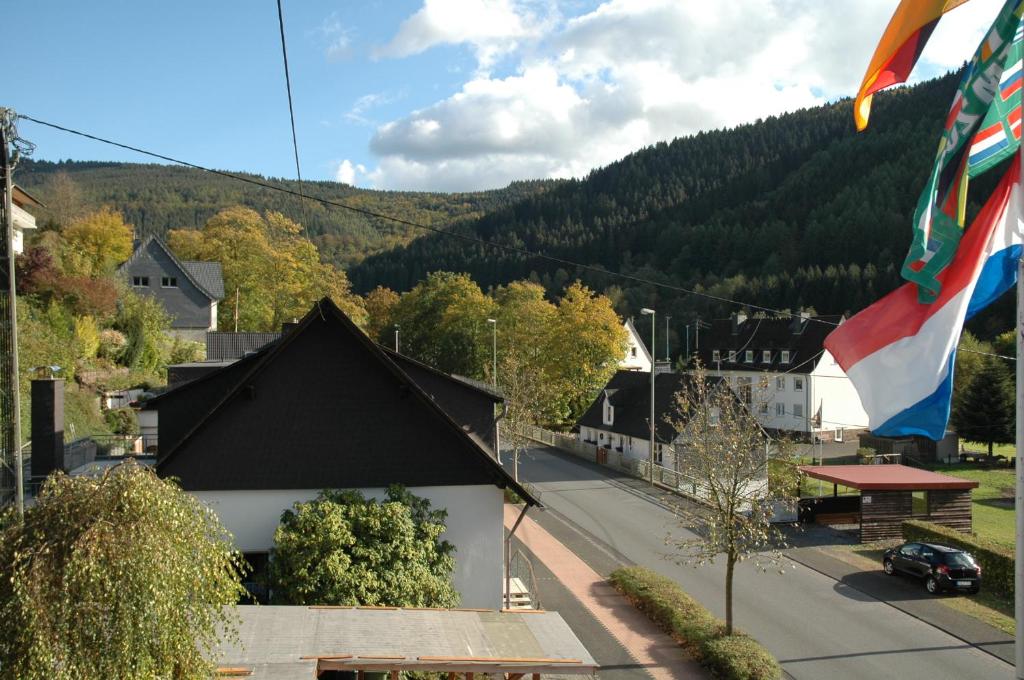 a view of a town with a flag and a building at Panoramablick 85 m2 5 persoons in Lennestadt