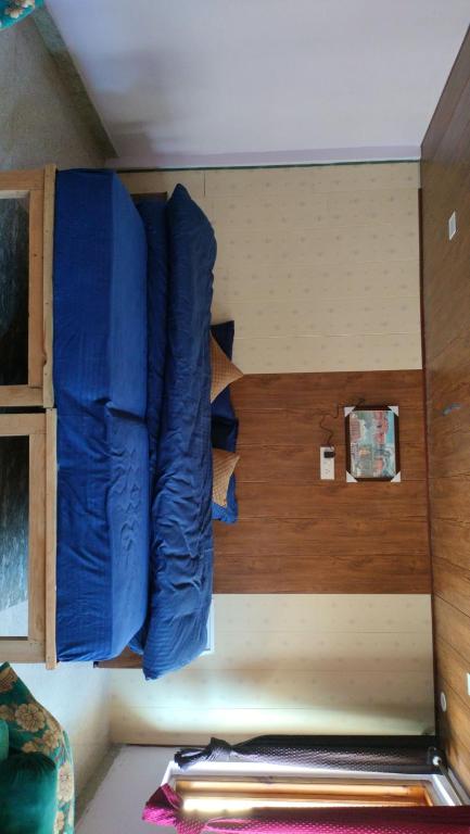 a bunk bed in a small room with blue sheets at Rautelahomestay in Harsil