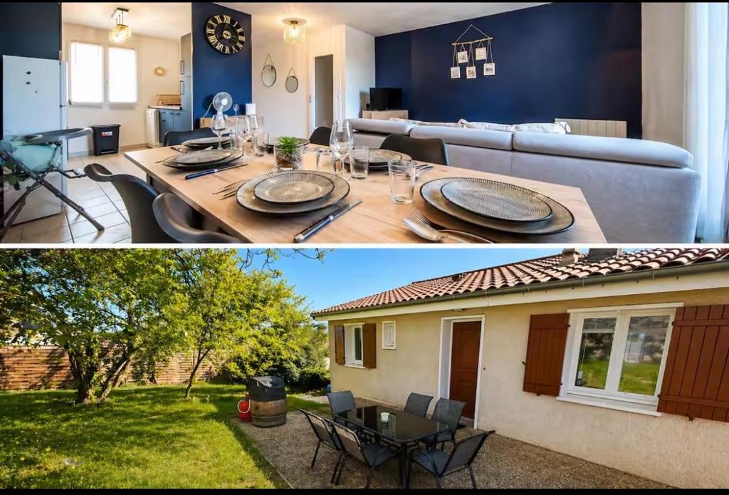 two pictures of a living room and a house at L'évasion viticole Clim- cour fermée & parking privé au pied de la roche de Solutré in Solutré-Pouilly