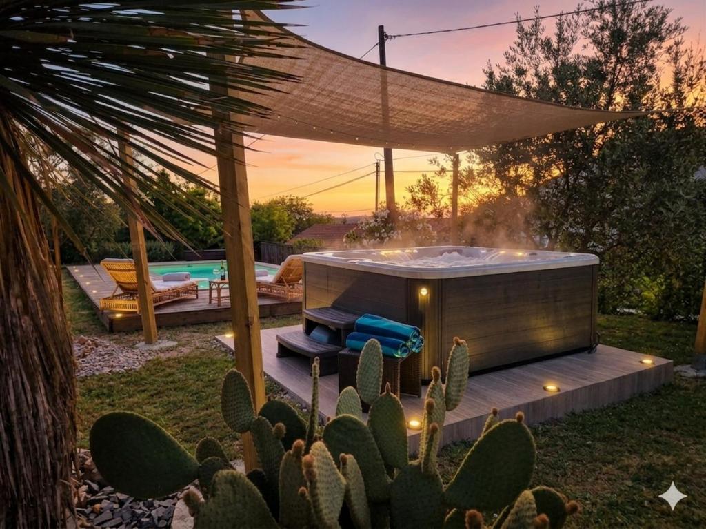 a hot tub in a backyard with cactus at La Colline Truffière in Sourzac