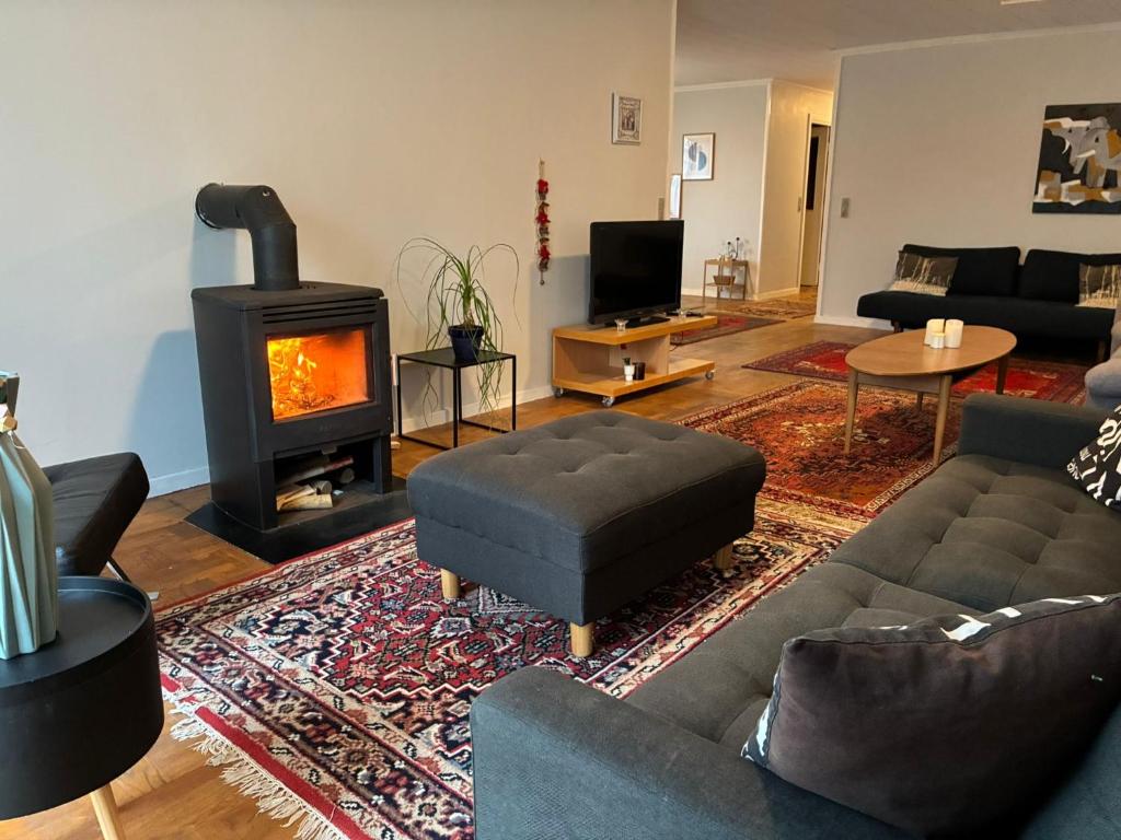 a living room with a couch and a fireplace at Risskov sommerhus in Risskov