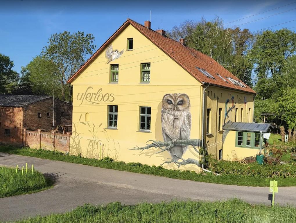 an owl painted on the side of a yellow building at Naturerlebnishof Uferloos in Kienitz