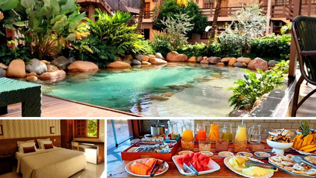 a pool in a hotel with a table of food at Hotel Pousada Santa Rita in Ribeirão Preto