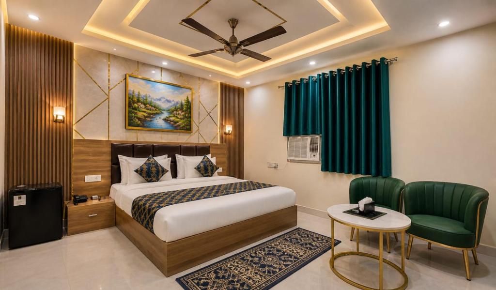 a hotel room with a bed and a green curtain at Hotel GRAN-SOL Near DELHI Airport in New Delhi