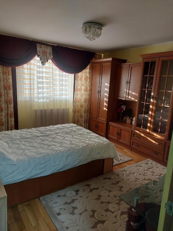 a bedroom with a bed and a large window at Emilia's Dreamhouse in Gura Humorului