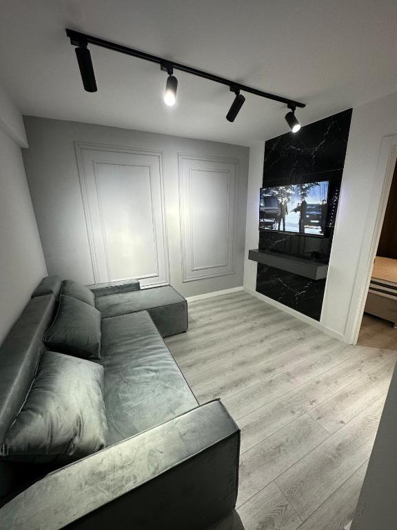 a living room with a couch and a flat screen tv at Renovat si stilat pentru un sejur de exceptie in Ungheni