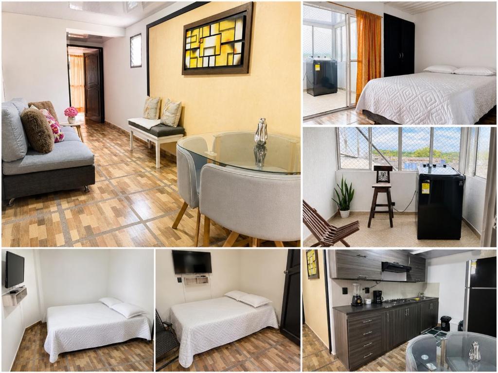 a collage of photos of a bedroom and a living room at donde la abuela Josefa in Quimbaya