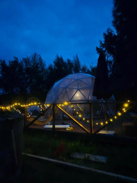 an igloo with lights in a field at night at Kupoliškės in Verbiškės