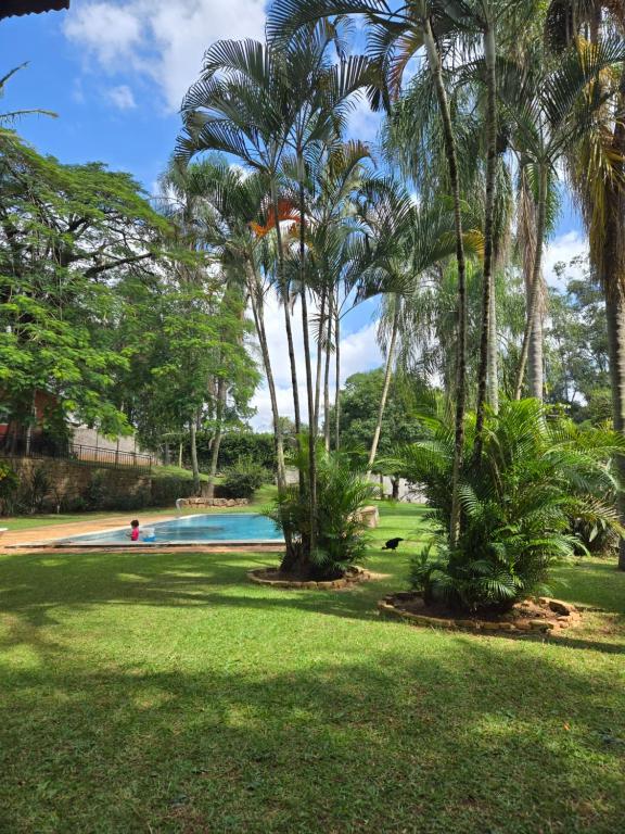 a park with palm trees and a swimming pool at Chácara Minas Garten in Jundiaí