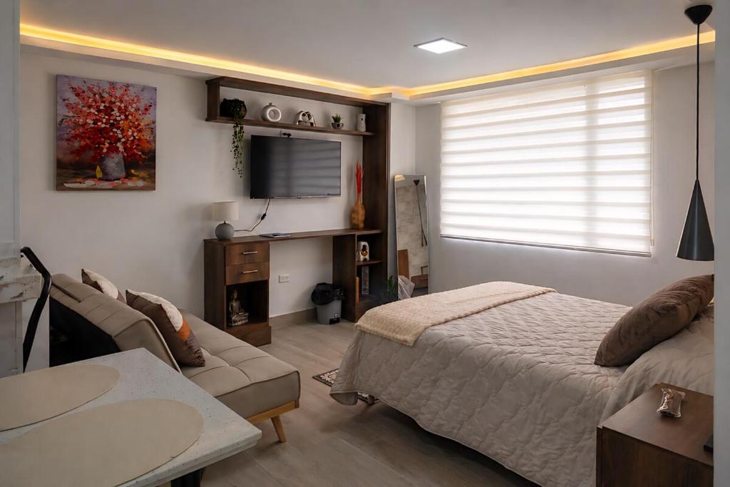 a bedroom with a bed and a couch and a tv at CarDiem Suites in Baños