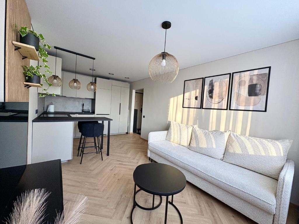 a living room and kitchen with a couch and a table at Work & Stay Apartment Klaipėda in Klaipėda