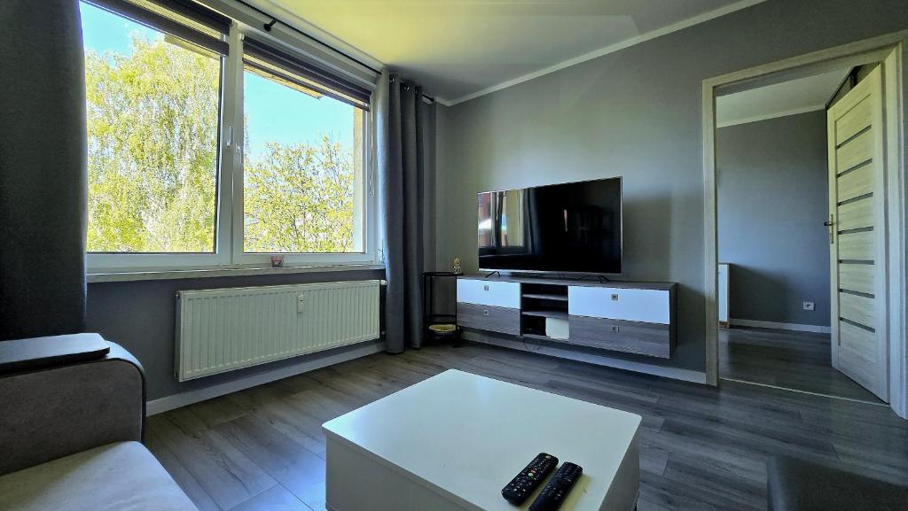 a living room with a couch and a tv at Spanko u Jadzi in Wałbrzych
