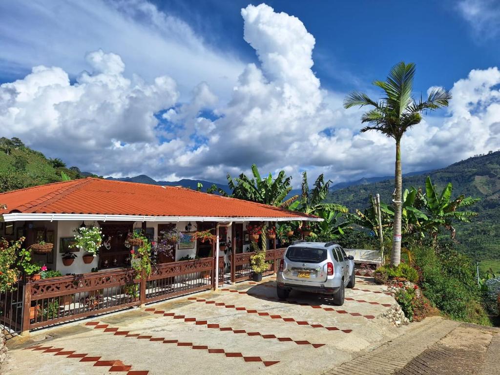 a car parked in front of a building with a palm tree at finca nalu in Jardin