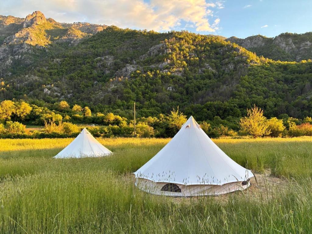 two tents in a field with mountains in the background at Aluna Camp in Nudo