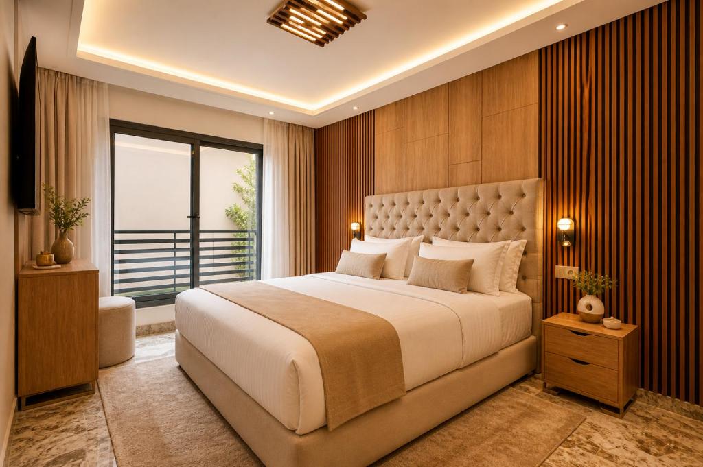 a bedroom with a large bed and a large window at Madani Palazza Appart & Duplex in Marrakesh