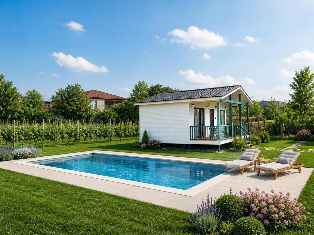 a house with a swimming pool in a yard at Matilda Village in Telavi