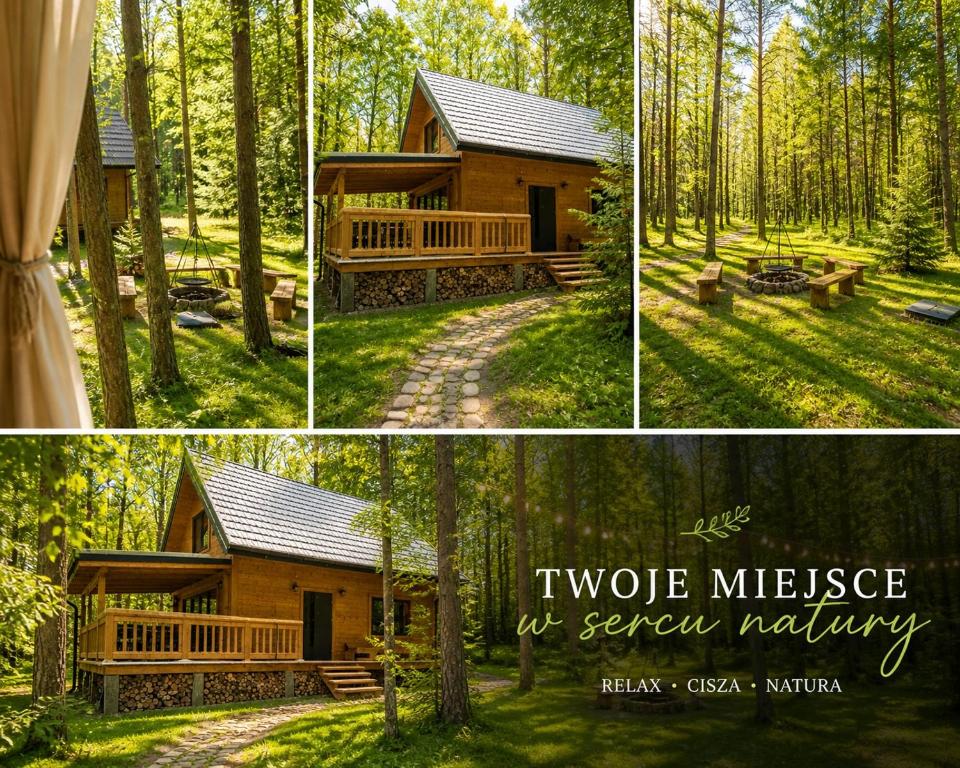 a collage of three pictures of a house in the woods at W Sam Las Komfortowy domek na skraju lasu z gorącą balia in Orzyny