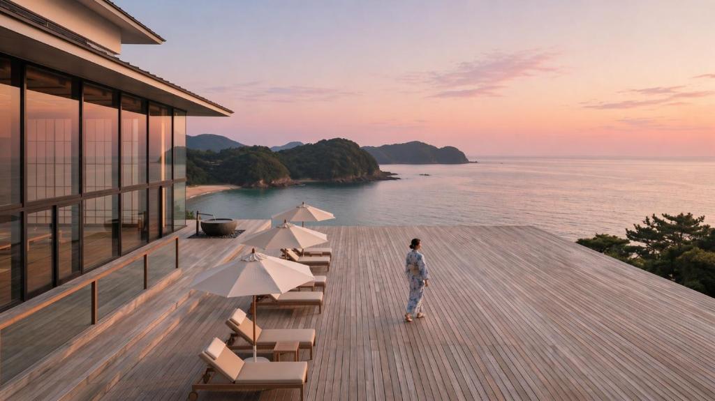 a man standing on a deck looking out at the ocean at 카미소 in Tsushima