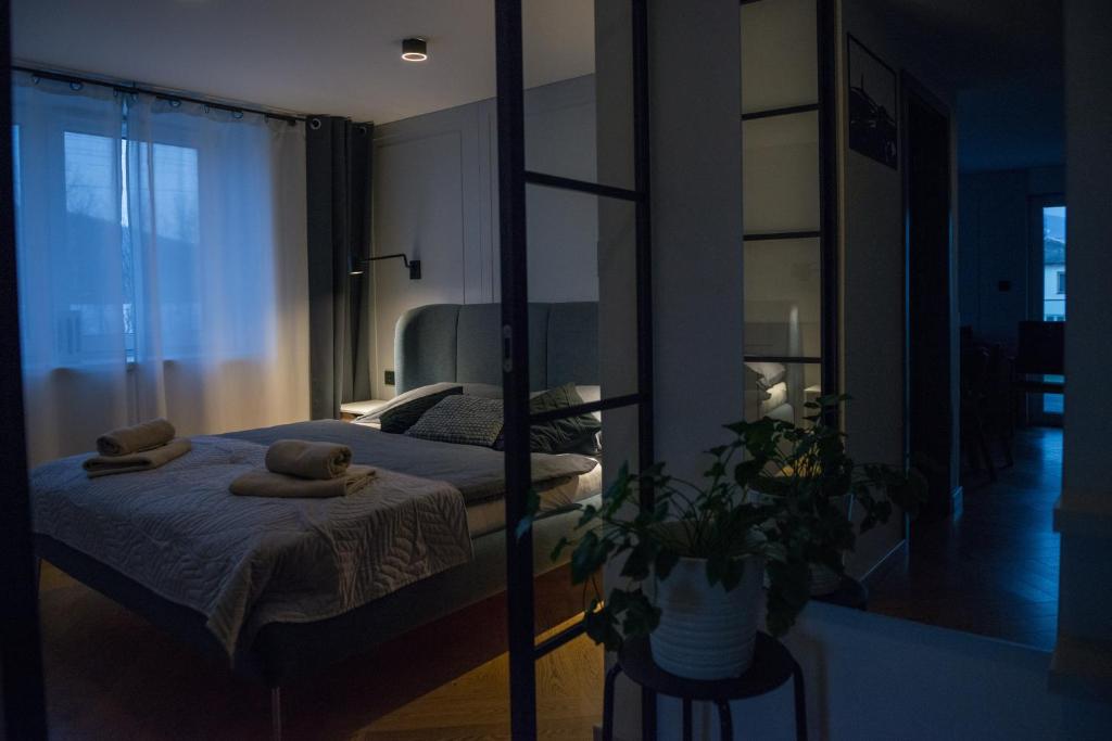 a bedroom with a bed and a large mirror at Apartmán Pradědův in Šumperk