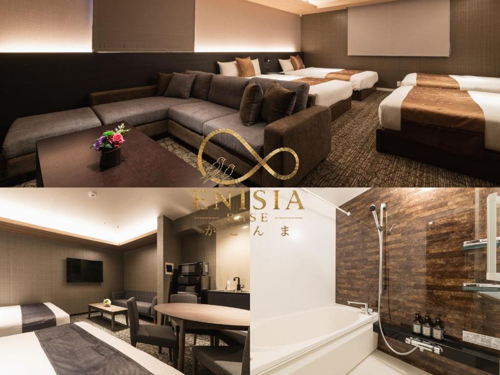 a hotel room with a couch and a bed and a bathroom at ENISIA BASE Kagonma in Kagoshima