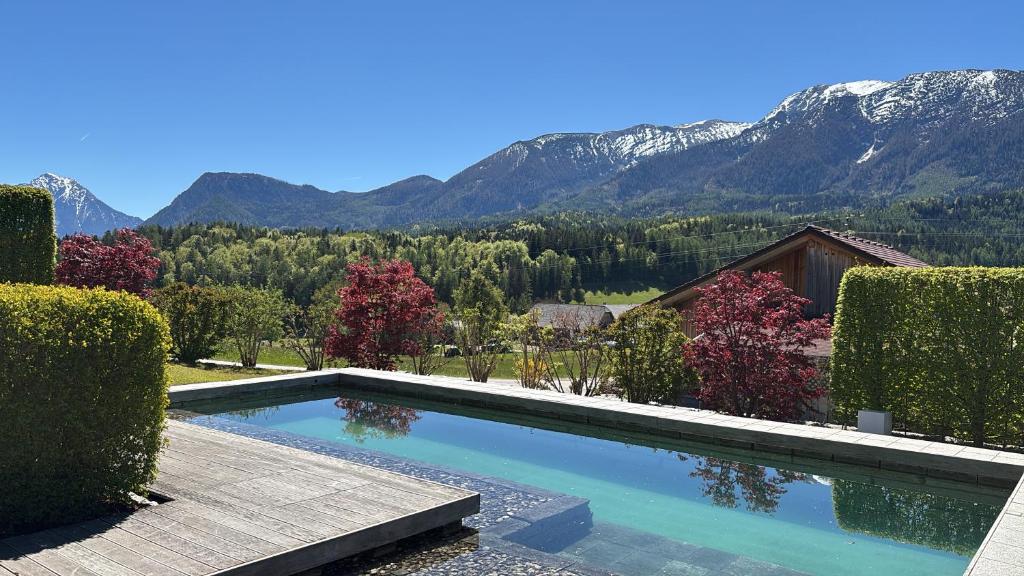a swimming pool with mountains in the background at PurPlus Lodge in Vorderstoder