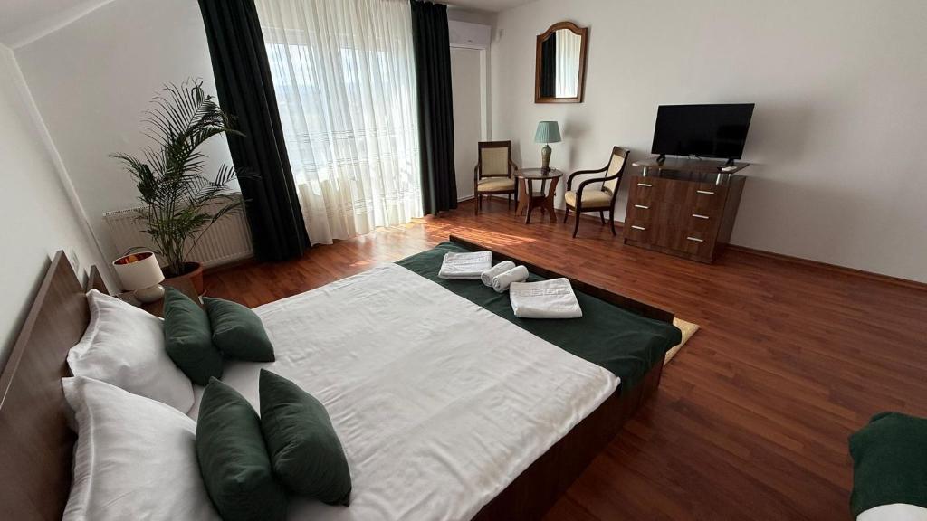 a bedroom with a large bed and a living room at Casa Ramona in Turda