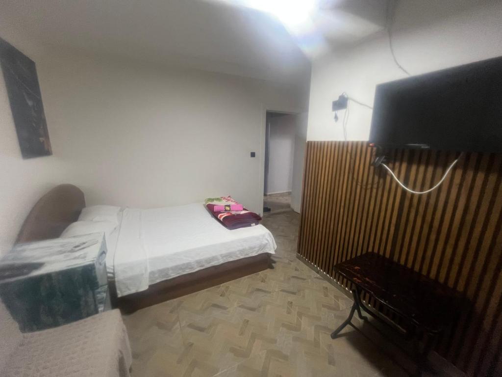a bedroom with a bed and a flat screen tv at Airport See Viem See Apartment in Arnavutköy