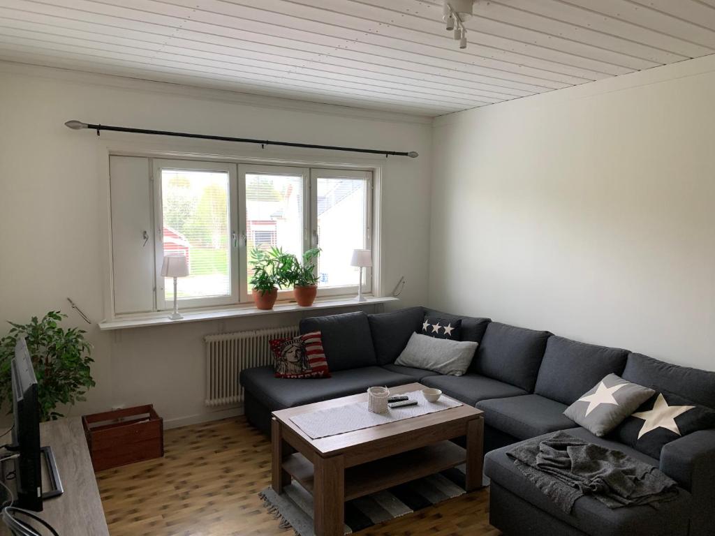 a living room with a blue couch and a table at Härjulfs hus in Lillhärdal