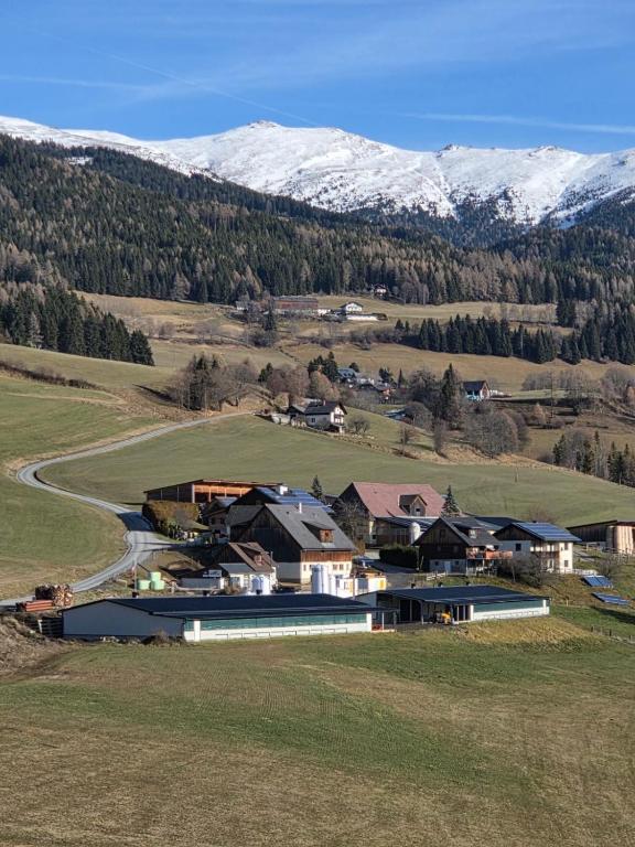 a large house in a field with mountains in the background at Ferienwohnung Köck in Sankt Georgen bei Neumarkt