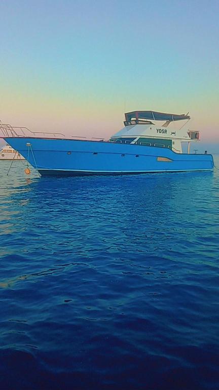 ein blau-weißes Boot im Wasser in der Unterkunft Yosr in Hurghada