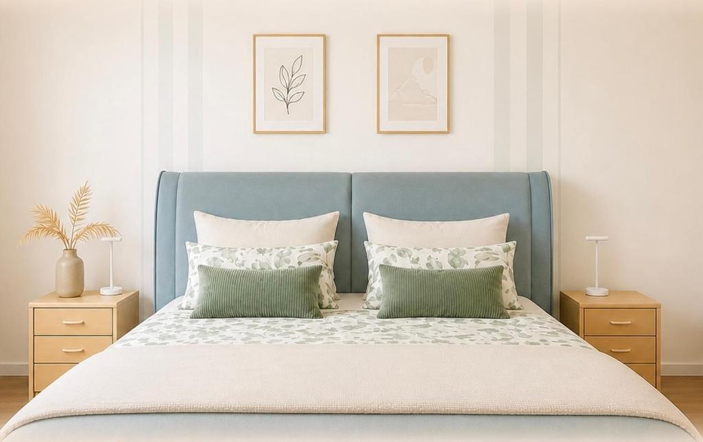 a bed with a blue headboard and two night stands at Apartment Ypsilon am Grün in Bayreuth