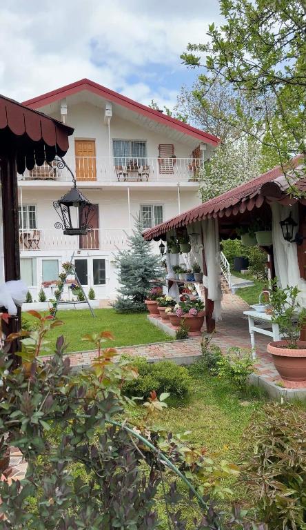 a large white building with a porch and a yard at La Bica in Bîrnova