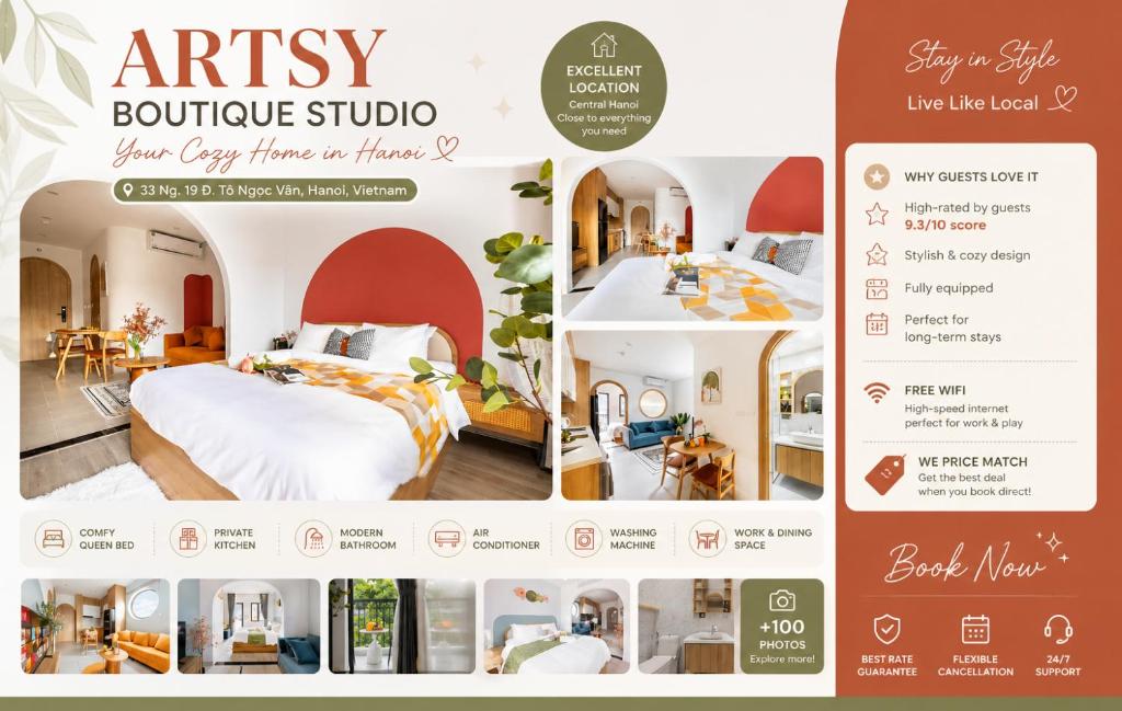 a website for a boutique studio with a bedroom and a bed at Artsy Boutique Studio in Hanoi