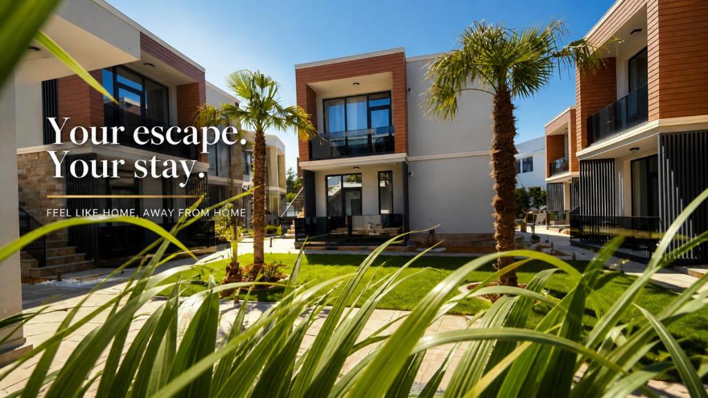 a building with palm trees in front of it at Office Villas Costinesti in Costinesti