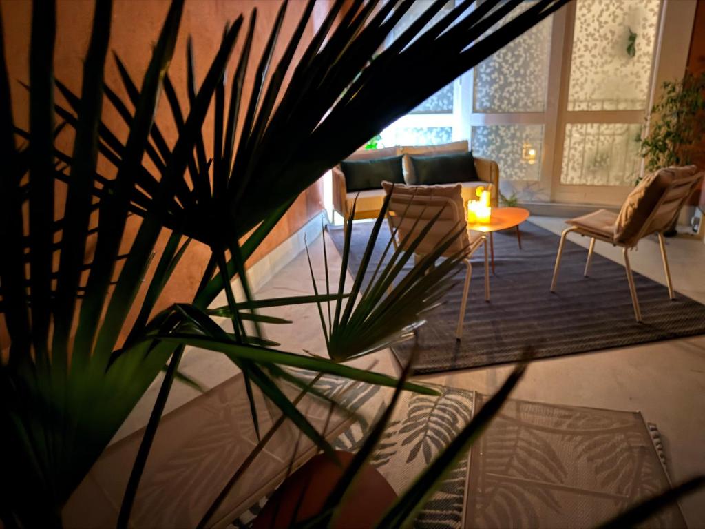 a living room with a couch and a table and a plant at Les Terrasses Sainte Odile - Centre ville - Climatisation - Parking Privatif - Gare in Obernai