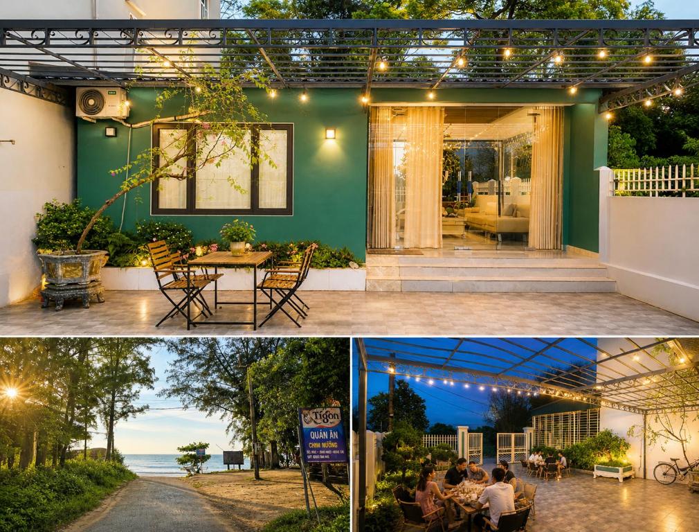 a house with a patio and a dining room at Pham'sHomestay in Île de Trà Cổ