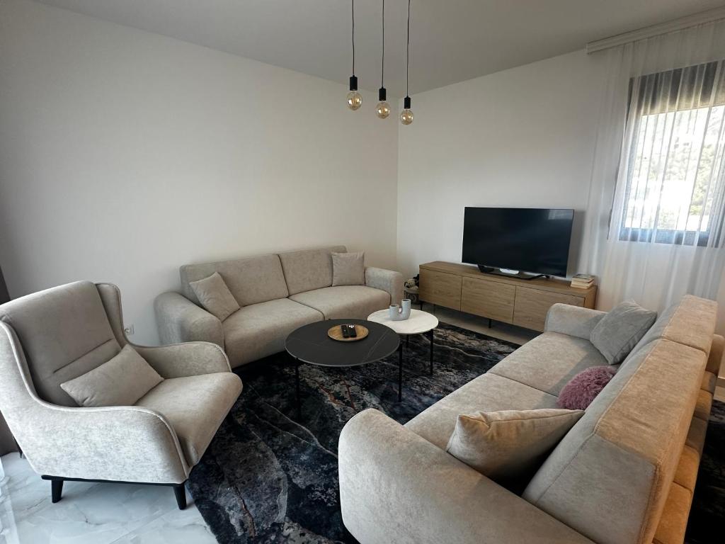 a living room with a couch and chairs and a television at Dali Apartment in Bar