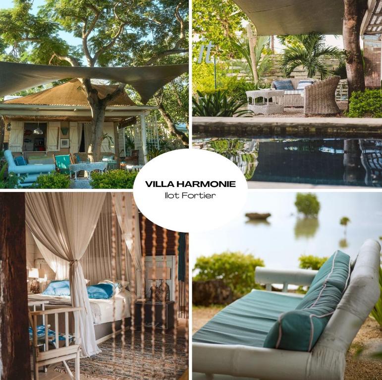 a collage of pictures of a villa with a pool at The Fisherman’s Cabin – Îlot Fortier – Seafront in Rivière Noire