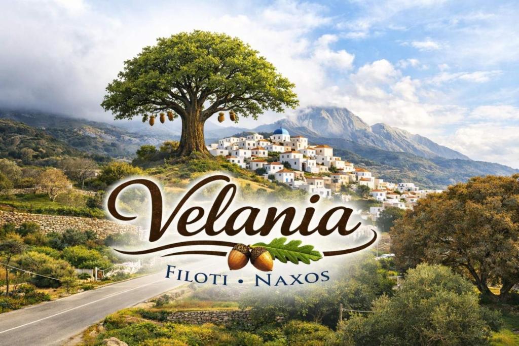 a sign that reads villefrida with a tree and a village at Velania House 2 in Filótion