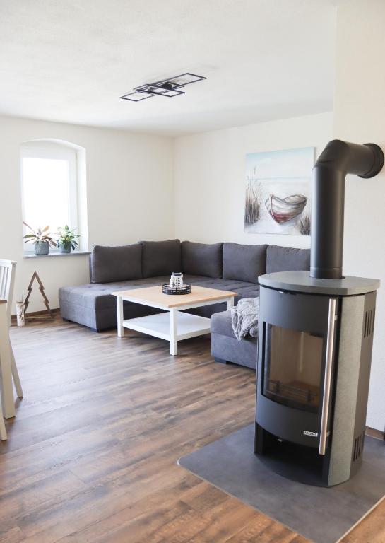 ein Wohnzimmer mit Sofa und Kamin in der Unterkunft Ferienwohnung Ullrichshof Oberlausitz - Sauna Grillplatz Panoramablick in Malschwitz
