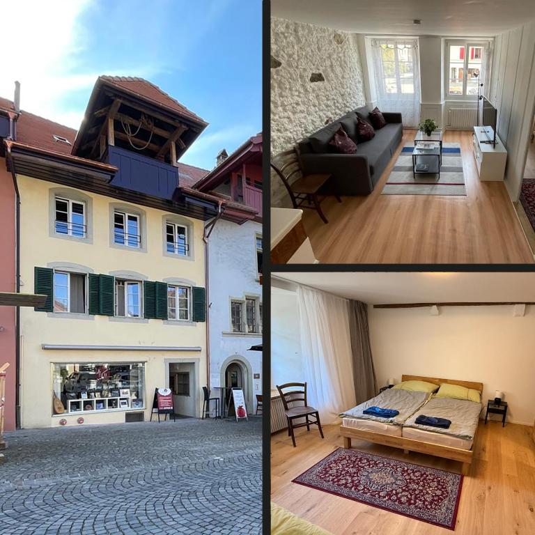 three pictures of a living room and a house at a knight's townhouse in Büren an der Aare