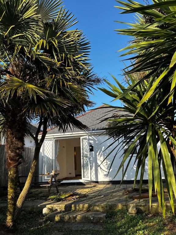 a white building with palm trees in front of it at Palm Valley Villa in Poole